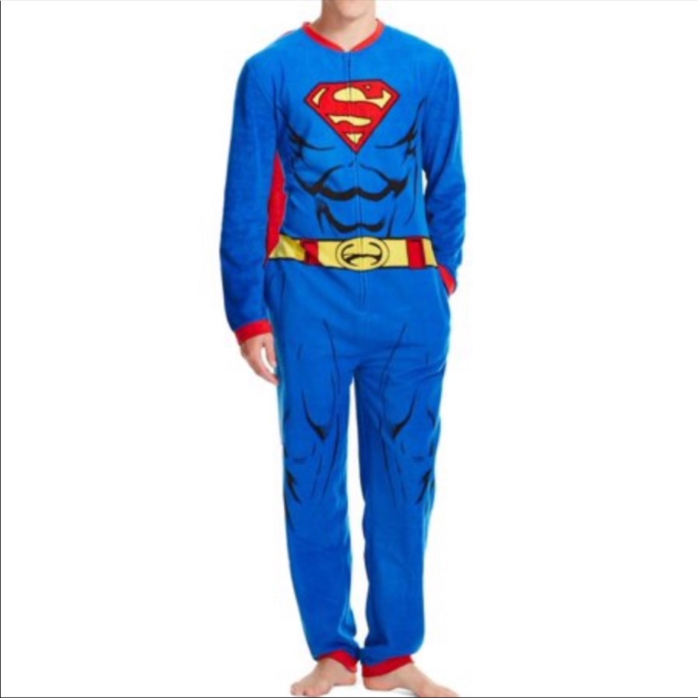 DC Comics Mens one piece Superman fleece pajama with removable cape size small